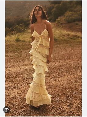 For Love and Lemons Debby Printed Ditsy Rose Burnout Dots Maxi Dress XS